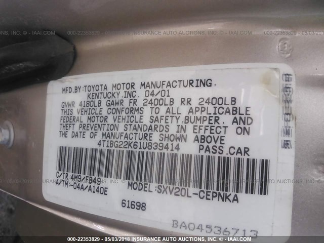 4T1BG22K61U839414 - 2001 TOYOTA CAMRY CE/LE/XLE თაფლისფერი ფოტო 9