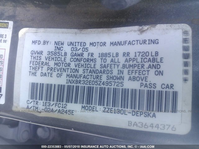 1NXBR32E05Z495725 - 2005 TOYOTA COROLLA CE/LE/S GRAY photo 9