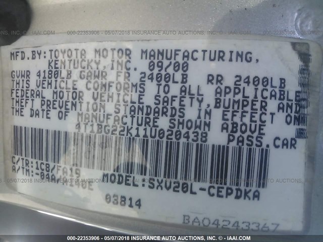 4T1BG22K11U020438 - 2001 TOYOTA CAMRY CE/LE/XLE 银色 照片 9