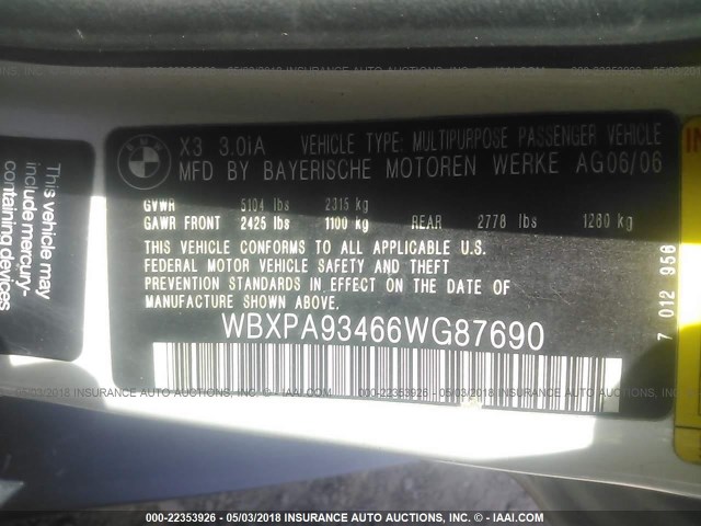 WBXPA93466WG87690 - 2006 BMW X3 3.0I WHITE photo 9