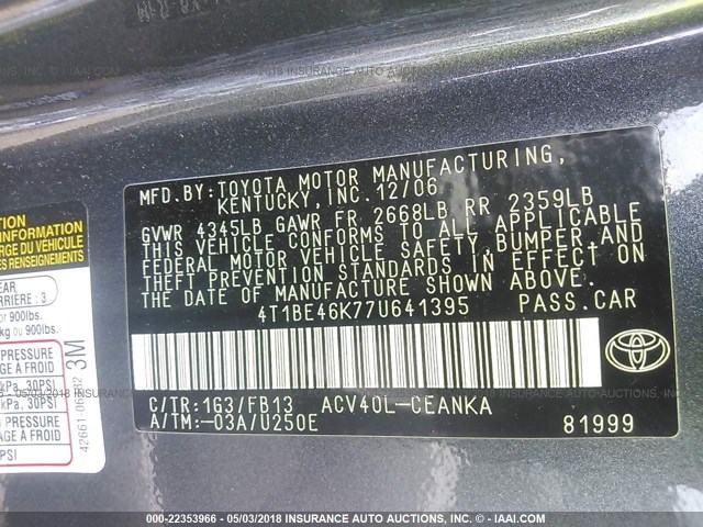 4T1BE46K77U641395 - 2007 TOYOTA CAMRY NEW GENERAT CE/LE/XLE/SE GRAY photo 9