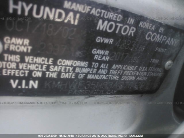 KMHWF35H33A770129 - 2003 HYUNDAI SONATA GLS/LX SILVER photo 9