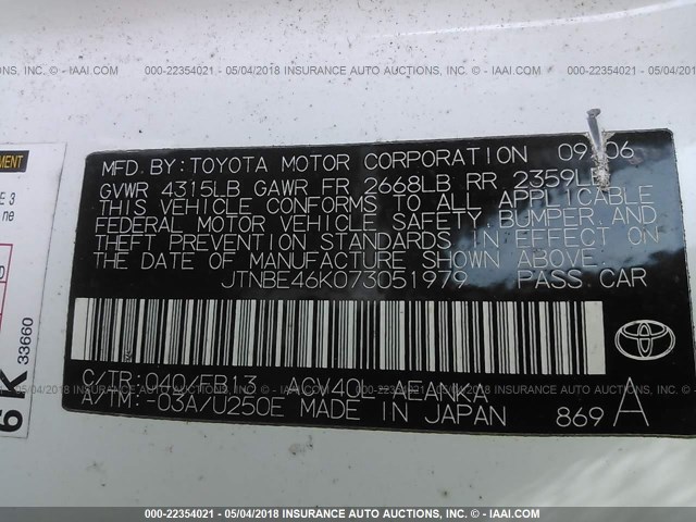 JTNBE46K073051979 - 2007 TOYOTA CAMRY NEW GENERATION CE/LE/XLE/SE WHITE photo 9