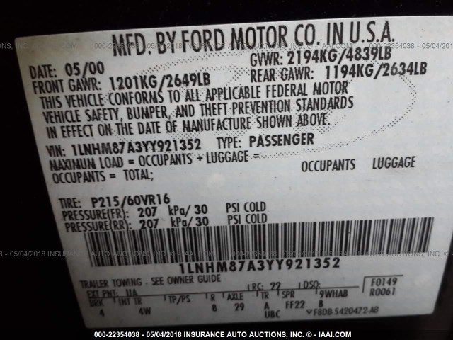 1LNHM87A3YY921352 - 2000 LINCOLN LS 黑色 照片 9