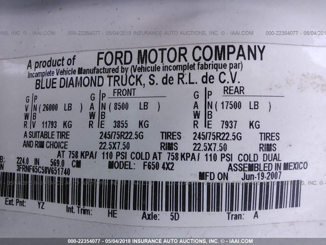 3FRNF65C58V651740 - 2008 FORD F650 SUPER DUTY WHITE photo 10