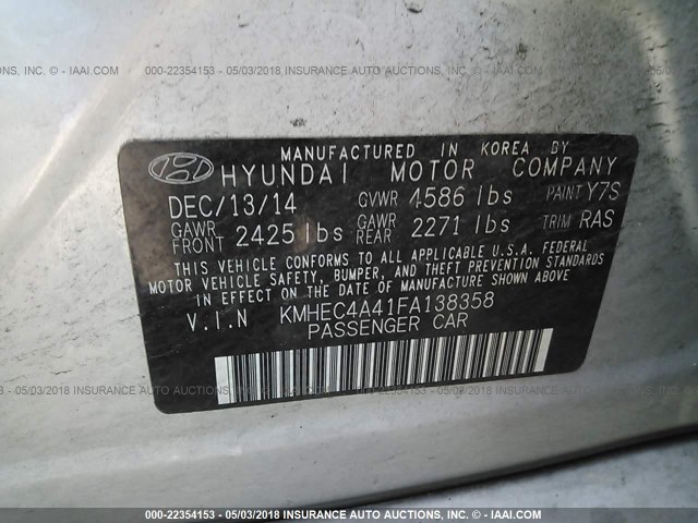 KMHEC4A41FA138358 - 2015 HYUNDAI SONATA HYBRID/LIMITED SILVER photo 9