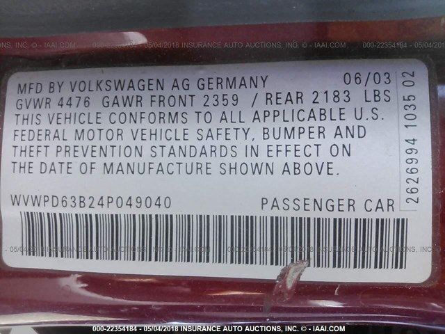 WVWPD63B24P049040 - 2004 VOLKSWAGEN PASSAT GLS RED photo 9