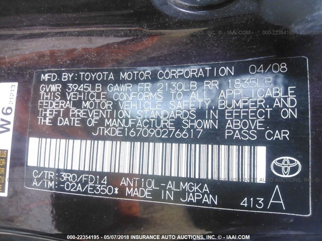 JTKDE167090276617 - 2009 TOYOTA SCION TC 栗色 照片 9