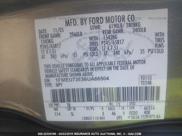 1FMEU73E56UA66504 - 2006 FORD EXPLORER XLT GRAY photo 9