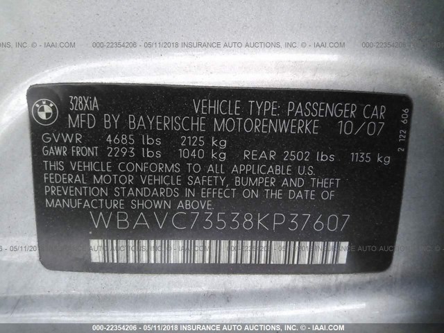 WBAVC73538KP37607 - 2008 BMW 328 XI SULEV SILVER photo 9
