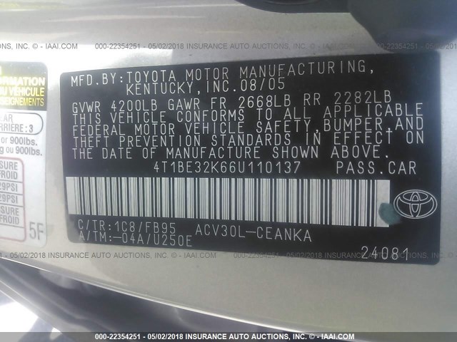 4T1BE32K66U110137 - 2006 TOYOTA CAMRY LE/XLE/SE ვერცხლისფერი ფოტო 9