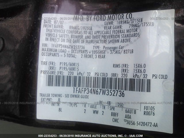 1FAFP34N67W352736 - 2007 FORD FOCUS ZX4/S/SE/SES 勃艮第红 照片 9