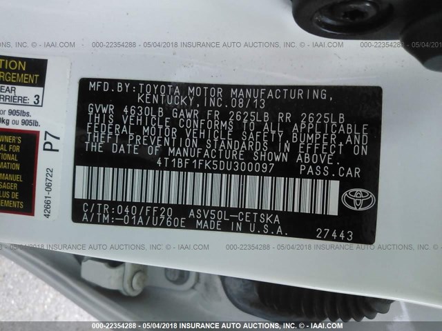 4T1BF1FK5DU300097 - 2013 TOYOTA CAMRY L/SE/LE/XLE 白色 照片 9