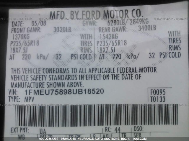 1FMEU75898UB18520 - 2008 FORD EXPLORER LIMITED BLACK photo 9