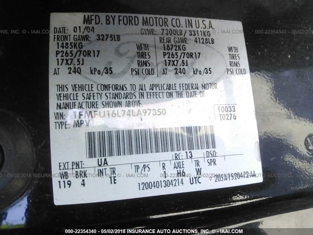 1FMFU16L74LA97350 - 2004 FORD EXPEDITION XLT Qara foto 9