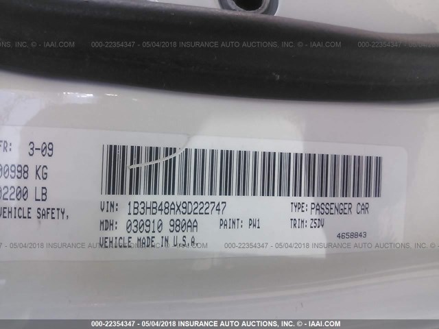 1B3HB48AX9D222747 - 2009 DODGE CALIBER SXT WHITE photo 9