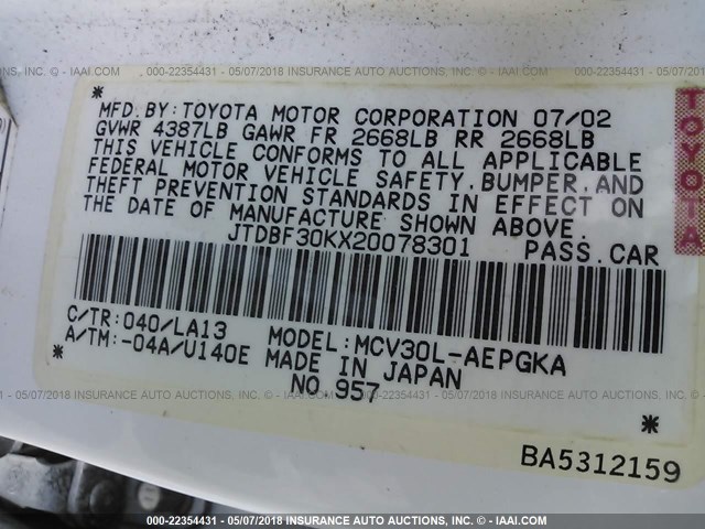 JTDBF30KX20078301 - 2002 TOYOTA CAMRY LE/XLE/SE WHITE photo 9