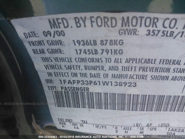 1FAFP33P61W138923 - 2001 FORD FOCUS LX GREEN photo 9