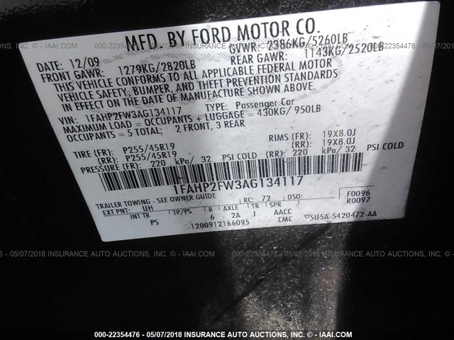 1FAHP2FW3AG134117 - 2010 FORD TAURUS LIMITED BLACK photo 9