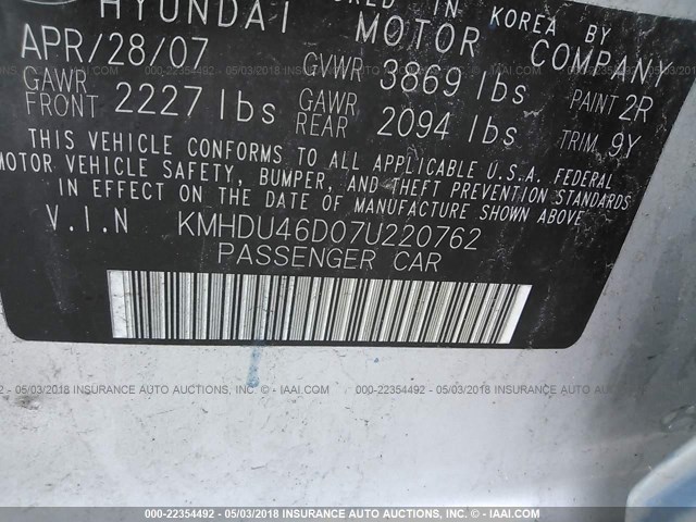 KMHDU46D07U220762 - 2007 HYUNDAI ELANTRA GLS/SE/LIMITED SILVER photo 9