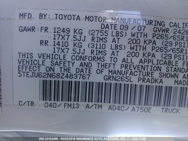 5TEJU62N68Z483767 - 2008 TOYOTA TACOMA DOUBLE CAB PRERUNNER WHITE photo 9