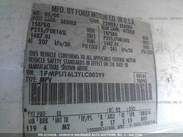 1FMPU16L3YLC00399 - 2000 FORD EXPEDITION XLT თეთრი ფოტო 9