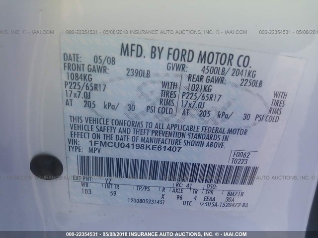 1FMCU04198KE61407 - 2008 FORD ESCAPE LIMITED WHITE photo 9