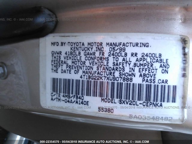 4T1BG22K7XU907888 - 1999 TOYOTA CAMRY CE/LE/XLE 金色 照片 9