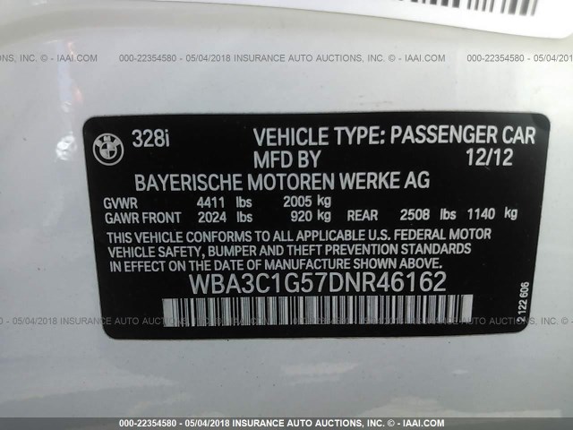 WBA3C1G57DNR46162 - 2013 BMW 328 I SULEV WHITE photo 9
