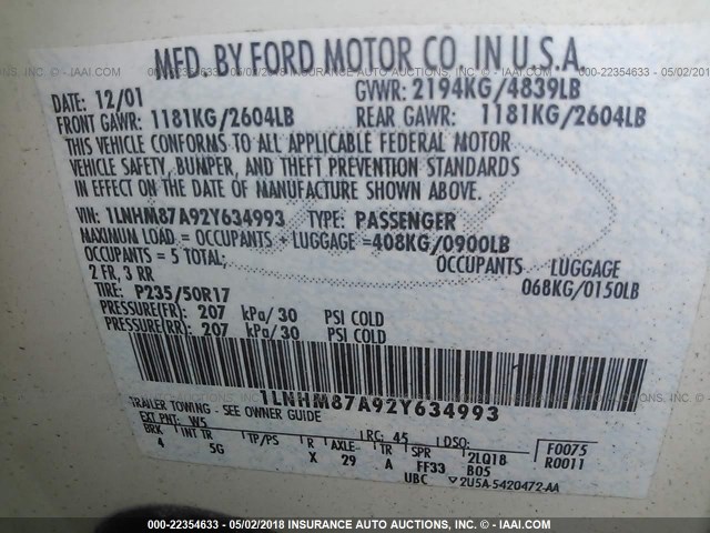 1LNHM87A92Y634993 - 2002 LINCOLN LS 白色 照片 9