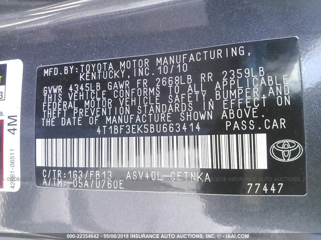 4T1BF3EK5BU663414 - 2011 TOYOTA CAMRY SE/LE/XLE GRAY photo 9