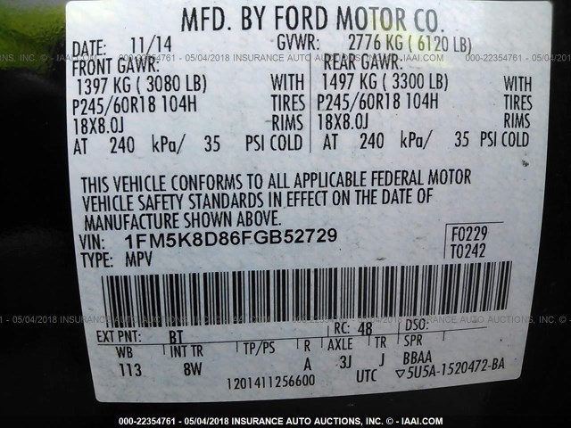 1FM5K8D86FGB52729 - 2015 FORD EXPLORER XLT BLACK photo 9