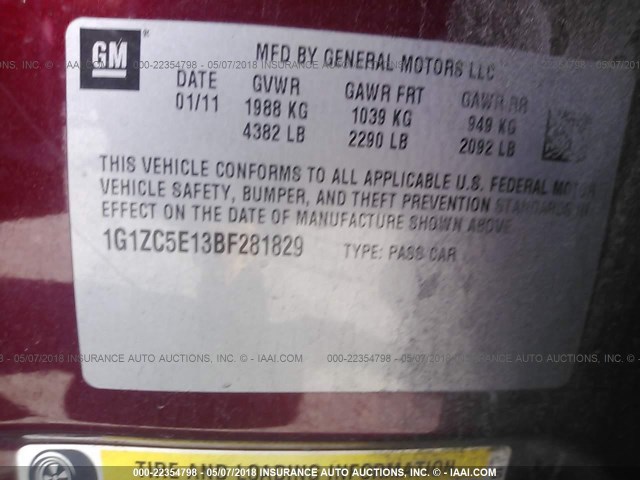 1G1ZC5E13BF281829 - 2011 CHEVROLET MALIBU 1LT 勃艮第红 照片 9