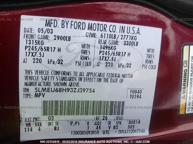 5LMEU68H93ZJ39754 - 2003 LINCOLN AVIATOR 红色 照片 9