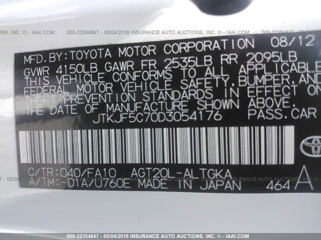 JTKJF5C70D3054176 - 2013 TOYOTA SCION TC 白色 照片 9