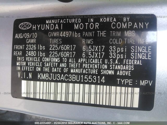 KM8JU3AC3BU155314 - 2011 HYUNDAI TUCSON GLS/LIMITED Light Blue photo 9