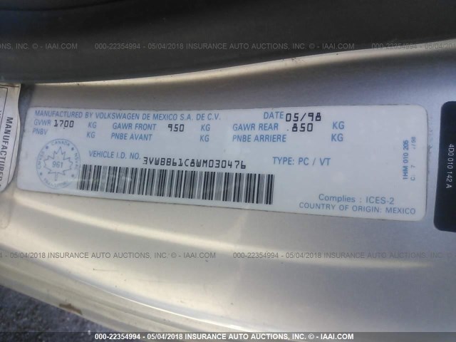 3VWBB61C8WM030476 - 1998 VOLKSWAGEN NEW BEETLE ვერცხლისფერი ფოტო 9