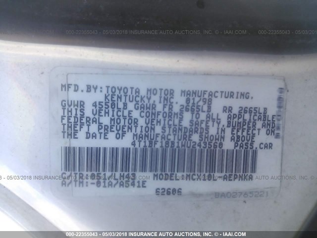 4T1BF18B1WU243560 - 1998 TOYOTA AVALON XL/XLS WHITE photo 9