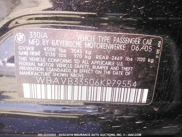 WBAVB33506KR79554 - 2006 BMW 330 I BLACK photo 9