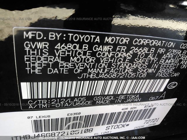 JTHBJ46G872105108 - 2007 LEXUS ES 350 BLACK photo 9