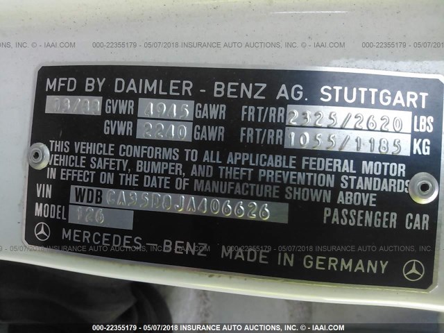 WDBCA35D8JA406626 - 1988 MERCEDES-BENZ 420 SEL WHITE photo 9