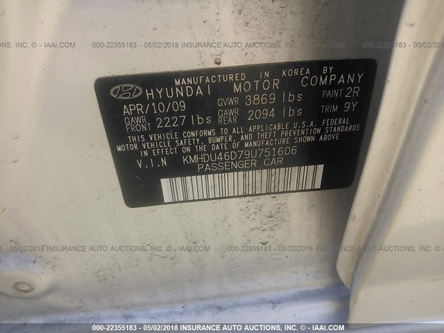 KMHDU46D79U751606 - 2009 HYUNDAI ELANTRA GLS/SE SILVER photo 9