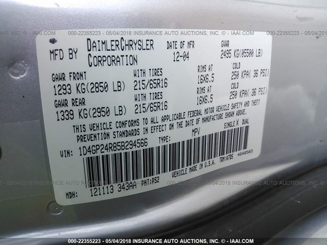 1D4GP24R85B294566 - 2005 DODGE GRAND CARAVAN SE SILVER photo 9