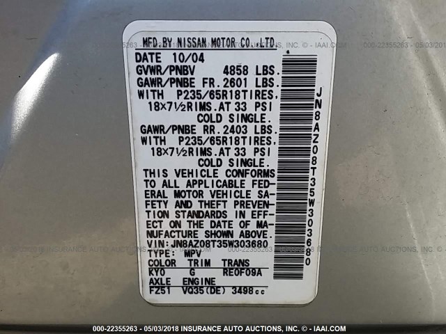 JN8AZ08T35W303680 - 2005 NISSAN MURANO SL/SE/S SILVER photo 9