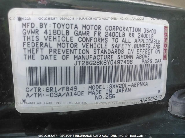 JT2BG28K6Y0497498 - 2000 TOYOTA CAMRY LE/XLE GREEN photo 9