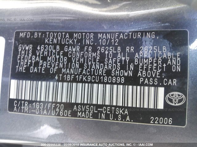 4T1BF1FK9CU180898 - 2012 TOYOTA CAMRY SE/LE/XLE 灰色 照片 9