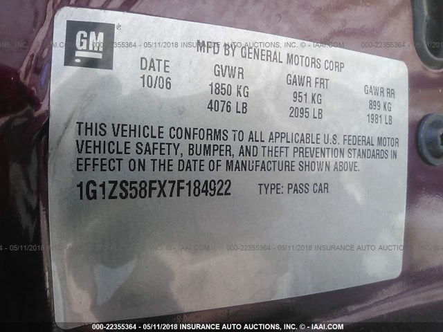 1G1ZS58FX7F184922 - 2007 CHEVROLET MALIBU LS 栗色 照片 9