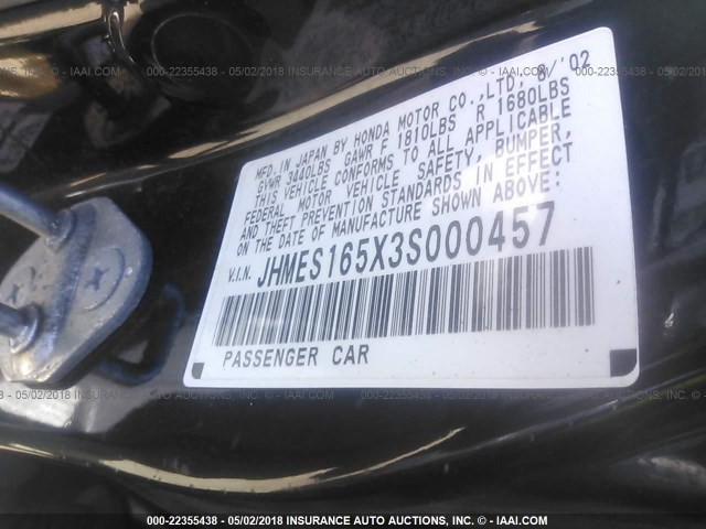 JHMES165X3S000457 - 2003 HONDA CIVIC LX BLACK photo 9