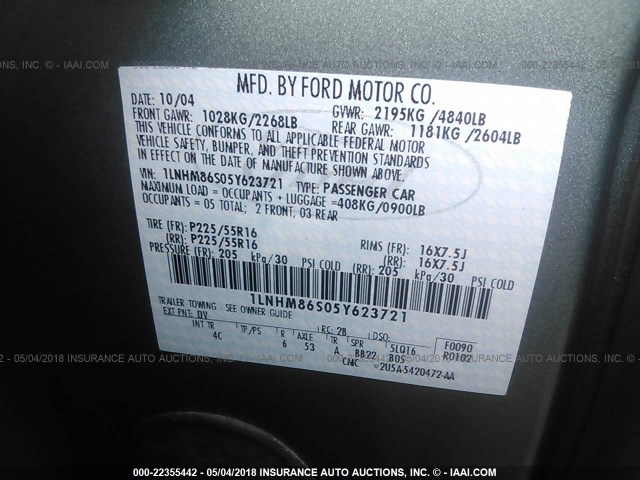 1LNHM86S05Y623721 - 2005 LINCOLN LS BLUE photo 9