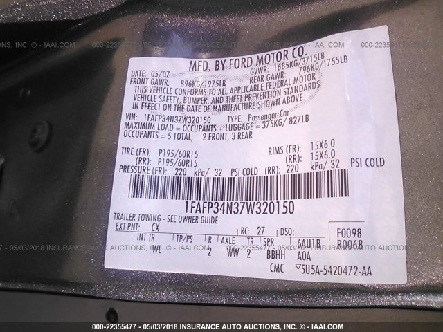 1FAFP34N37W320150 - 2007 FORD FOCUS ZX4/S/SE/SES GRAY photo 9